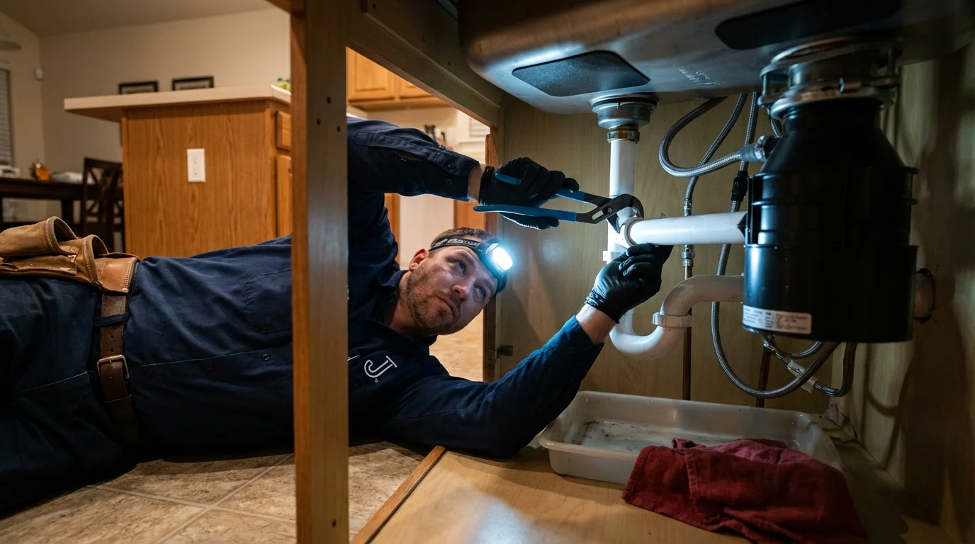 P-trap and supply line connections under a kitchen sink showing a common leak point in Millersburg, PA
